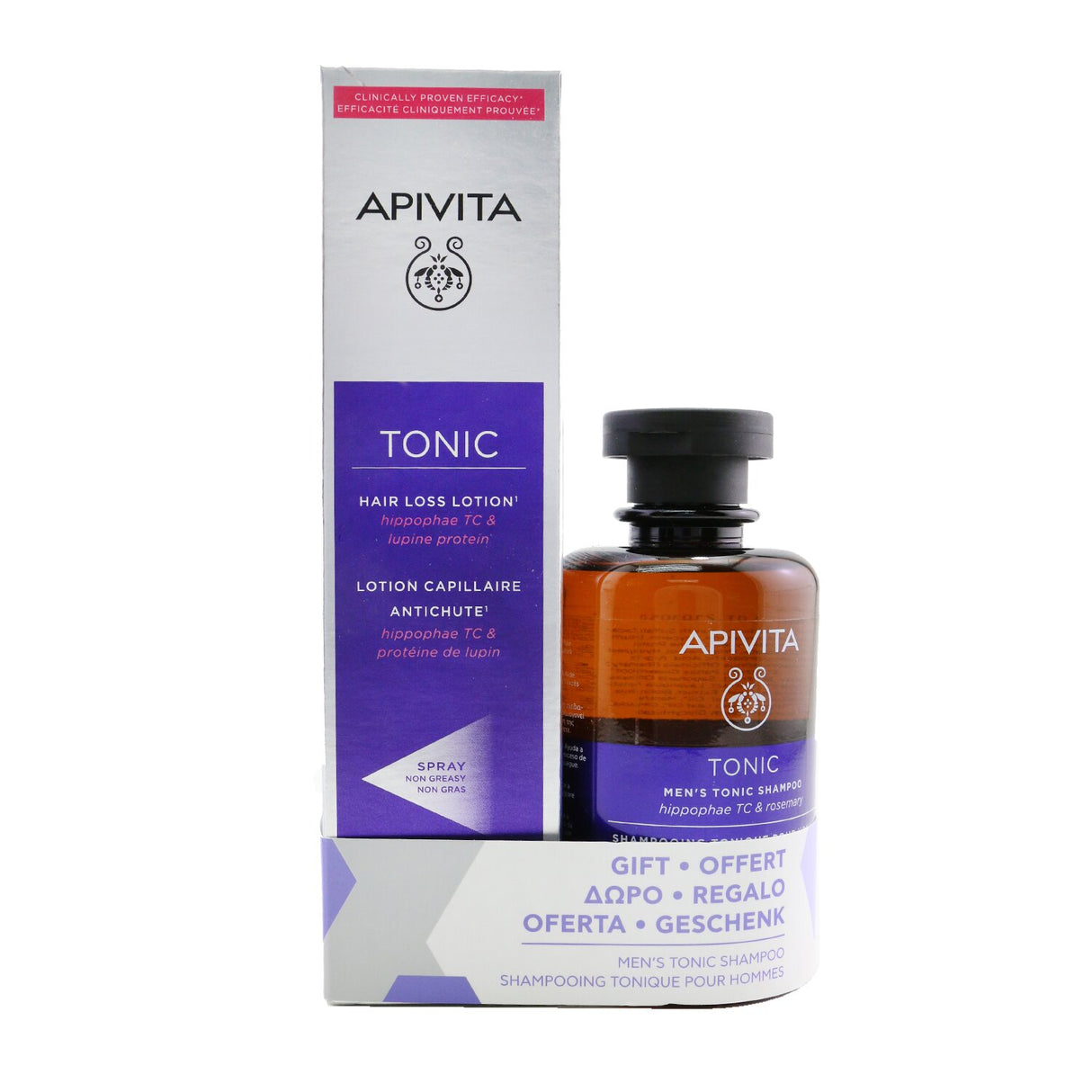 Apivita Hair Loss Lotion bottle with natural ingredients for thicker, healthier hair, alongside Men's Tonic Shampoo.