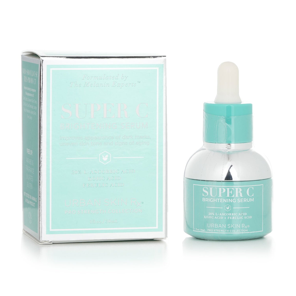 Urban Skin Rx Super C Brightening Serum in 30ml, featuring Vitamin C and peptides for brightening and hydration.