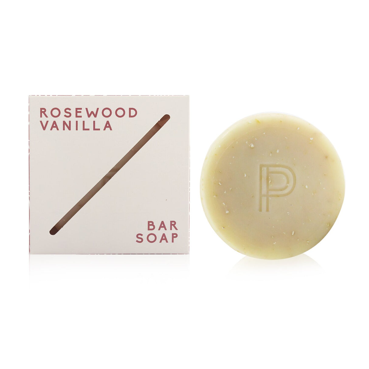 Paddywax Rosewood Vanilla Bar Soap, 85g, featuring warm vanilla and rosewood scents, enriched with oatmeal for gentle exfoliation.