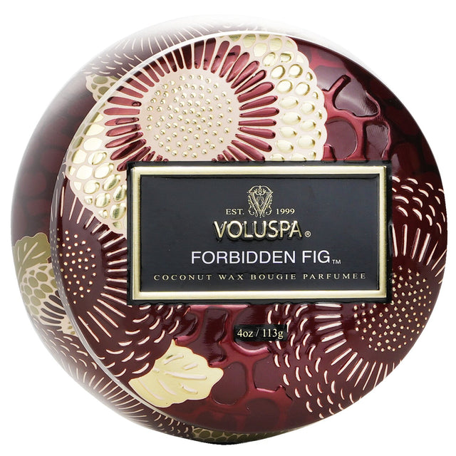 Voluspa Mini Tin Candle in Forbidden Fig, featuring a decorative design and coconut wax blend for a 25-hour burn.