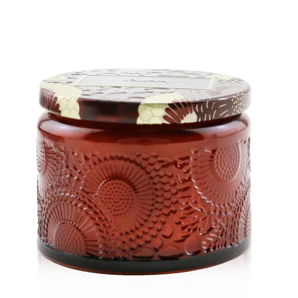 Voluspa Petite Jar Candle in Forbidden Fig, 90g; features luxurious coconut wax, natural wick, and elegant glass design for lasting fragrance.