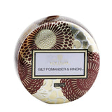 Voluspa Mini Tin Candle in vibrant tin, featuring Gilt Pomander & Hinoki scent, crafted for a clean, 25-hour burn.