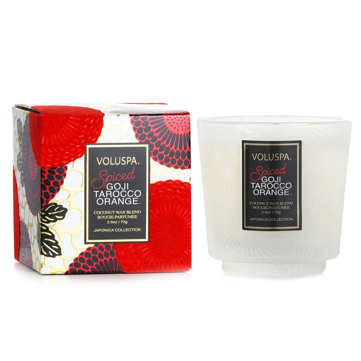 Voluspa Petite Pedestal Candle in Spiced Goji Tarocco Orange, 72g, in a luxe glass container with a warm, inviting aroma.