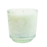 Voluspa Petite Pedestal Candle in White Cypress, elegant tin with luminous glow, coconut wax blend, and natural wick for 25-hour burn.
