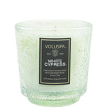 Elegant Voluspa Petite Pedestal Candle in White Cypress, 2.5oz, with coconut wax blend, clean burn, and embossed glass container.
