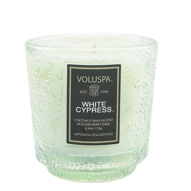 Elegant Voluspa Petite Pedestal Candle in White Cypress, 2.5oz, with coconut wax blend, clean burn, and embossed glass container.