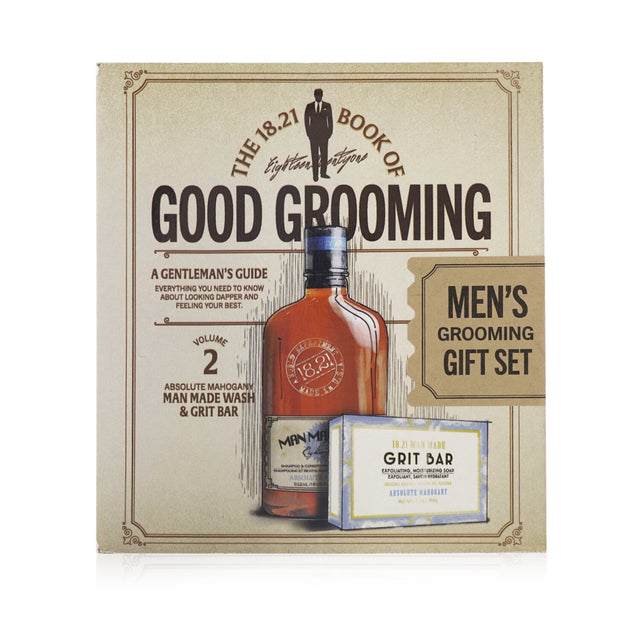 Luxurious grooming set featuring mahogany-scented shampoo, conditioner, body wash, and grit bar for an upscale self-care experience.