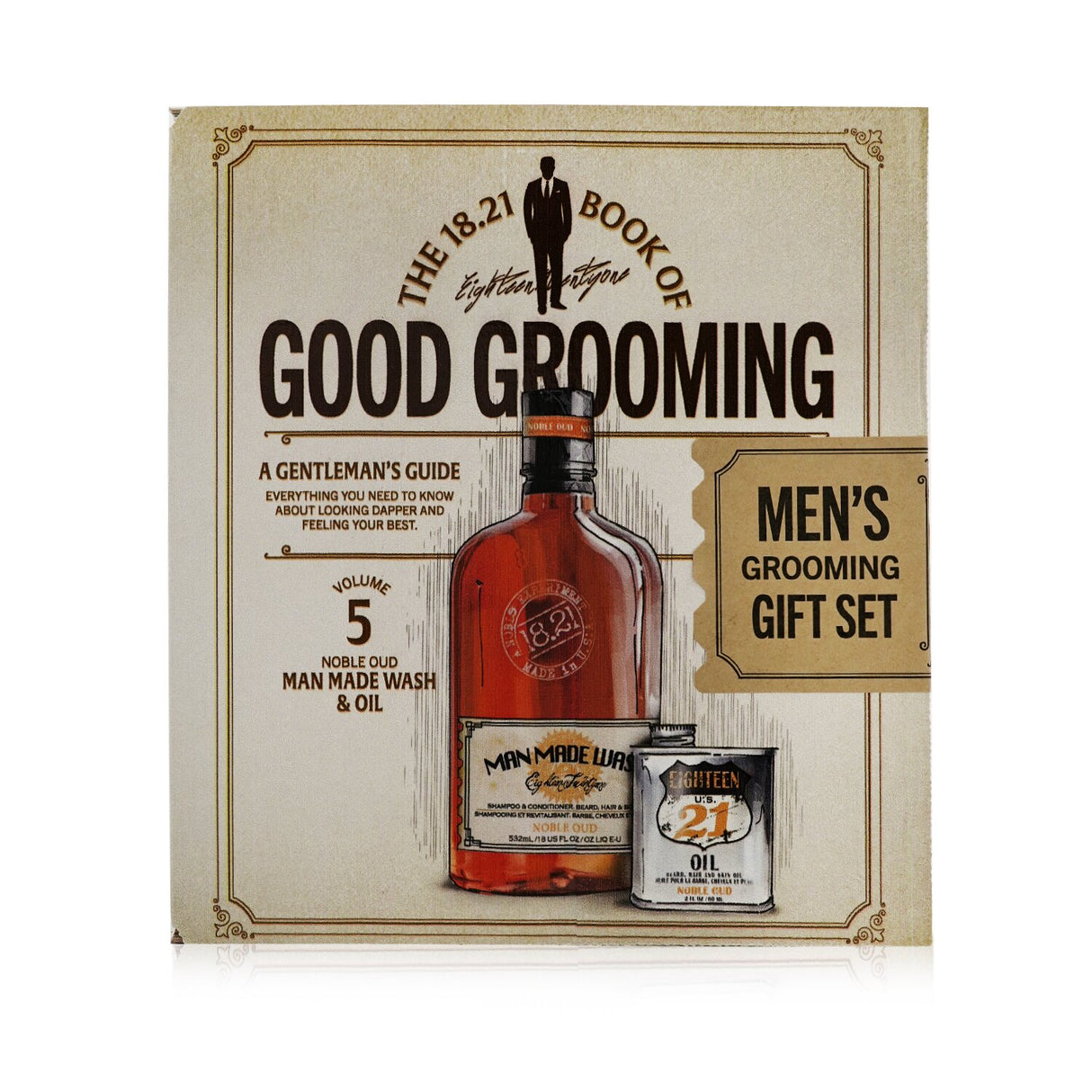 Luxurious 18.21 Man Made grooming gift set with Noble Oud shampoo, conditioner, body wash, and oil for modern men.