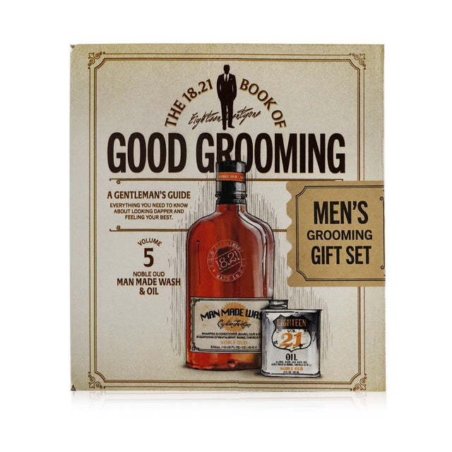 Luxurious 18.21 Man Made grooming gift set with Noble Oud shampoo, conditioner, body wash, and oil for modern men.