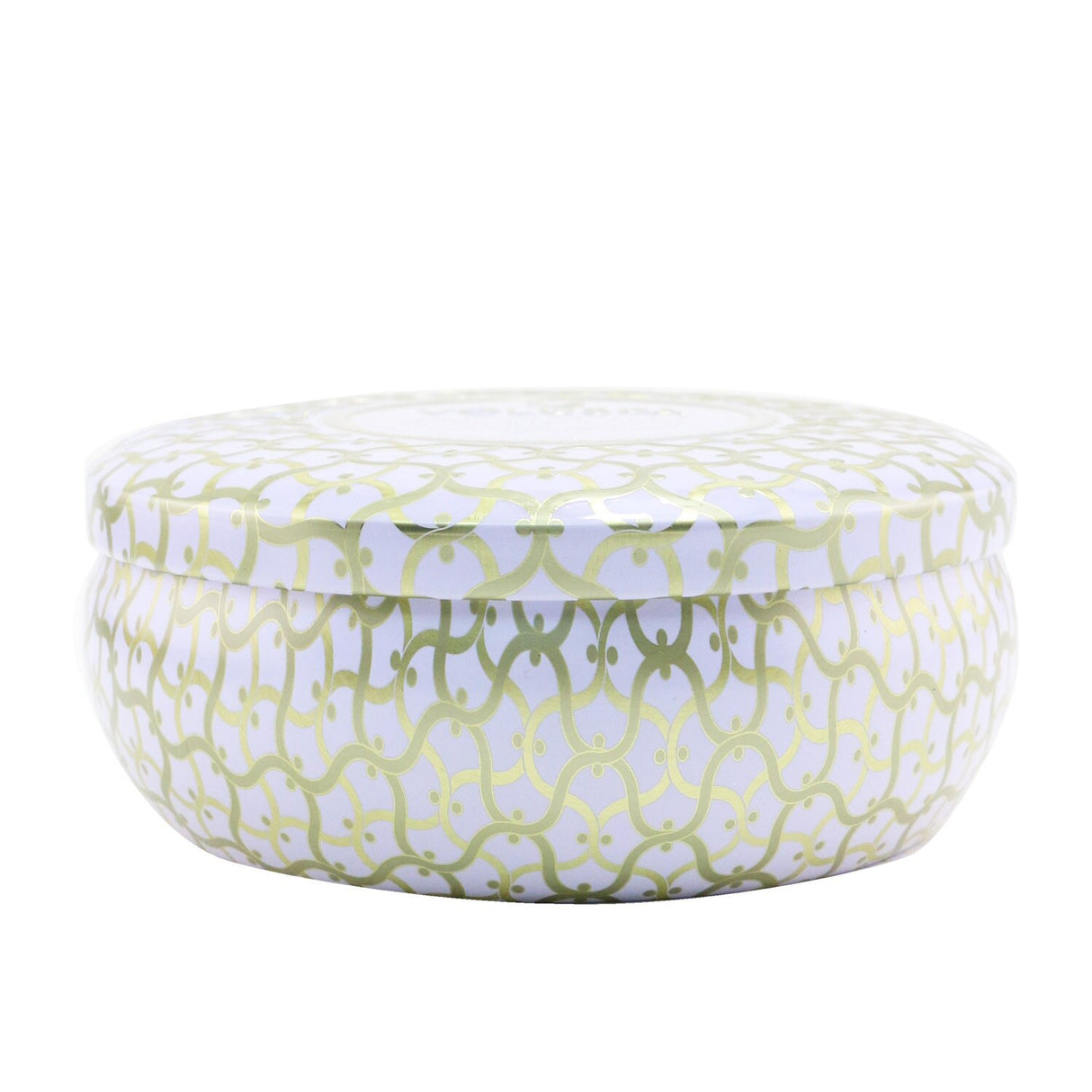 Voluspa 3 Wick Candle in decorative tin, eucalyptus and white sage fragrance, providing 40 hours of soothing ambiance.