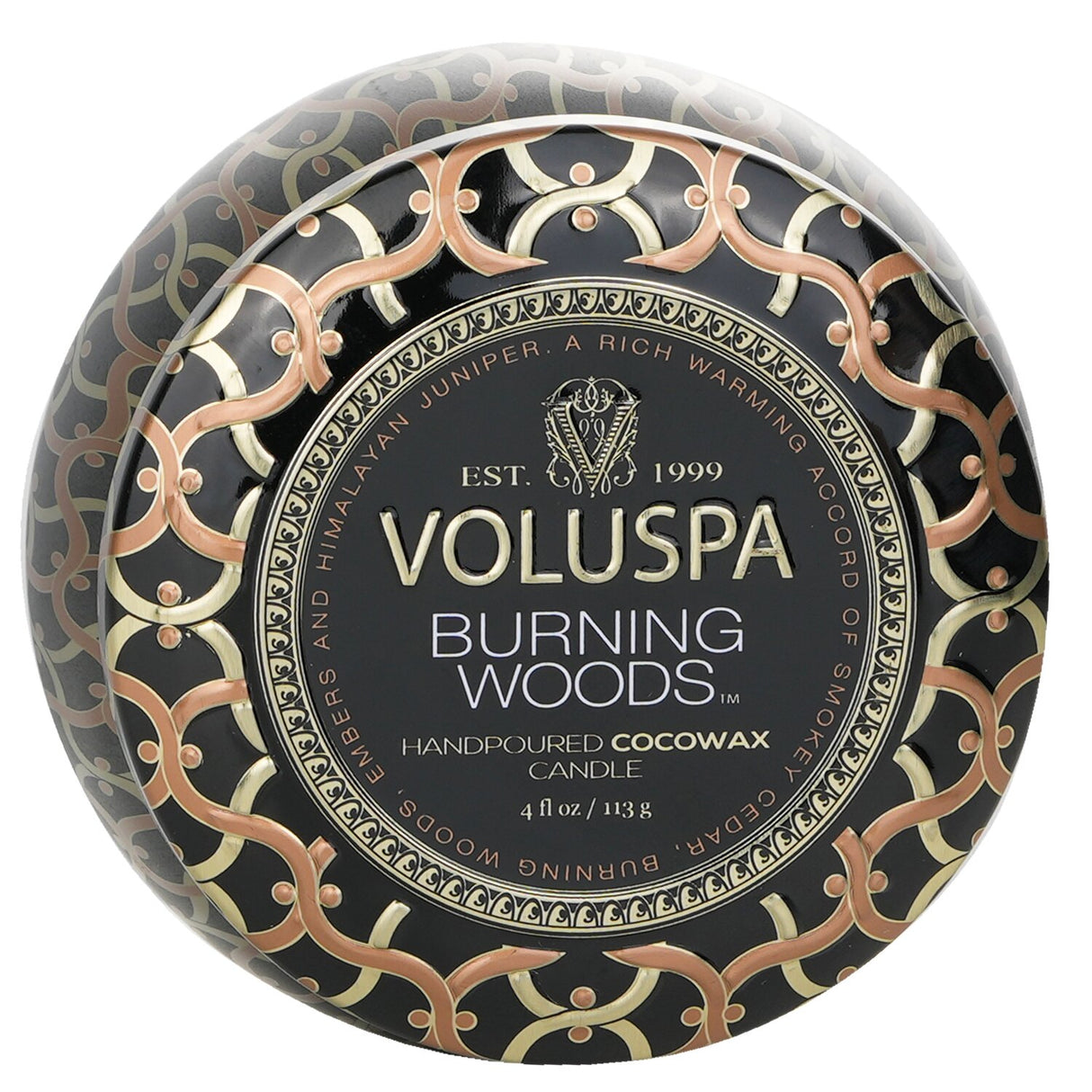 Voluspa Mini Tin Candle in Burning Woods, 113g; eco-friendly, long-lasting burn with a decorative Japanese-inspired tin.