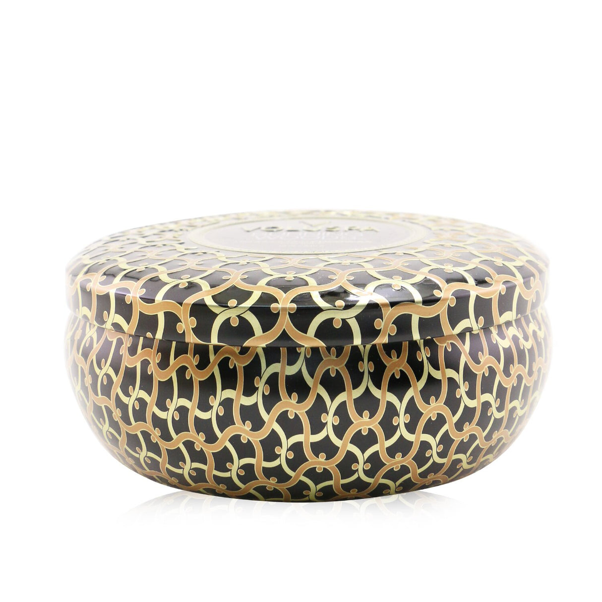 Voluspa 3 Wick Decorative Tin Candle in Burning Woods, featuring rich jewel-tone patterns and a warm, inviting scent.