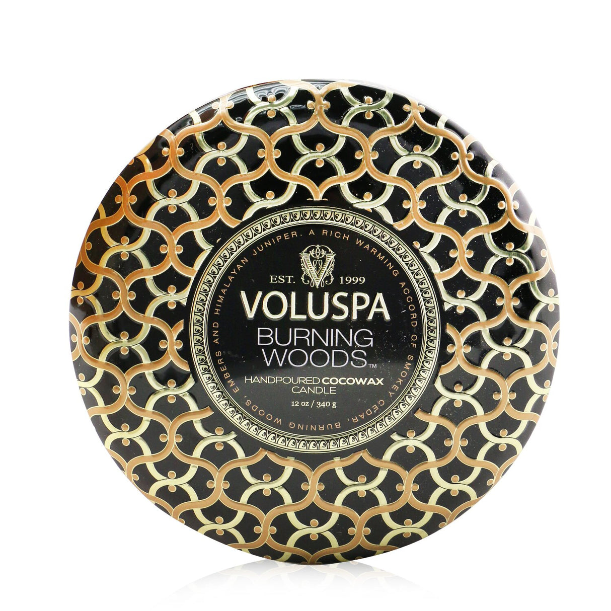 Voluspa 3 Wick Decorative Tin Candle in Burning Woods, featuring a luxurious coconut wax blend and ornate metallic design.