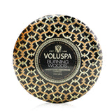 Voluspa 3 Wick Decorative Tin Candle in Burning Woods, featuring a luxurious coconut wax blend and ornate metallic design.