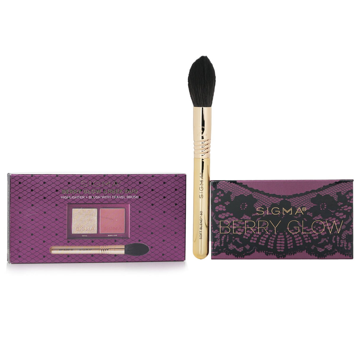 Sigma Beauty Berry Glow Cheek Duo features a golden highlighter and rosy blush for a radiant, natural look; includes travel brush.