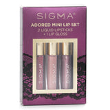 Sigma Beauty Adored Mini Lip Set featuring 2 liquid lipsticks in #Belladonna, #Suede and a #Passionate lip gloss, vegan and cruelty-free.