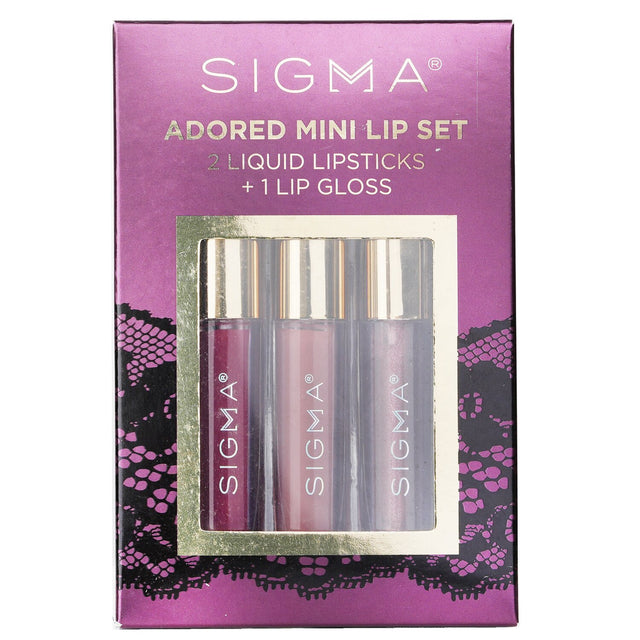 Sigma Beauty Adored Mini Lip Set featuring 2 liquid lipsticks and 1 gloss, perfect for intense color and glossy shine.