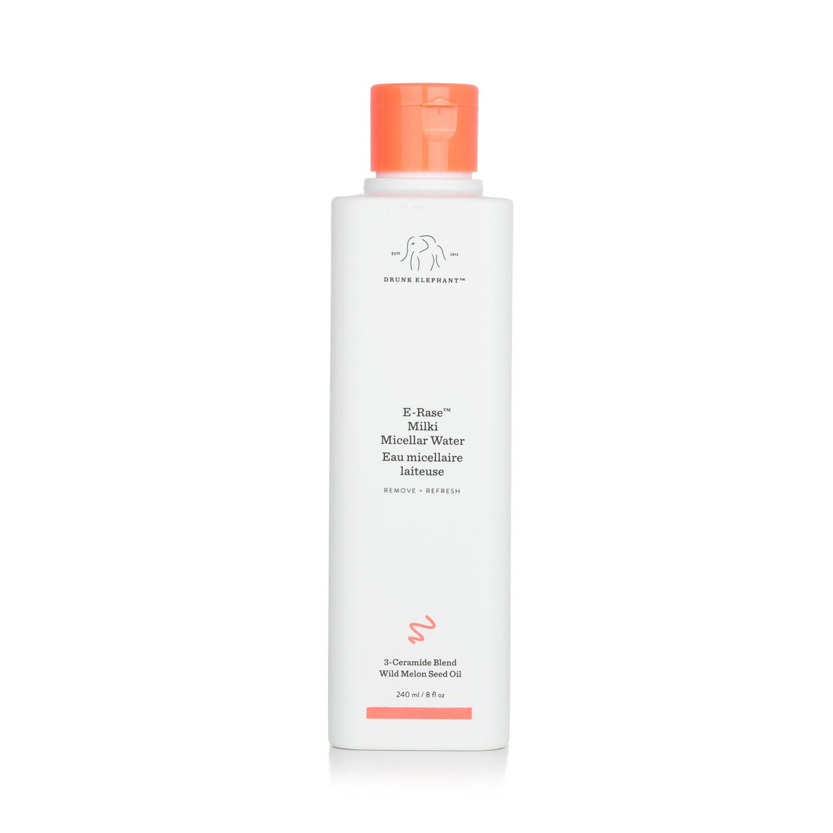 Drunk Elephant E-Rase Milki Micellar Water, a gentle, ceramide-rich cleanser for all skin types, removing makeup and impurities.