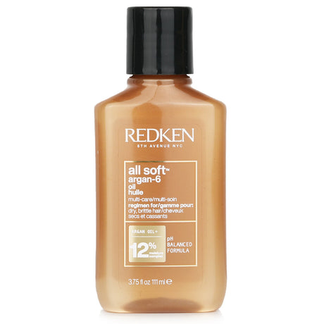 A bottle of Redken All Soft Argan-6 Oil for dry hair, featuring a weightless formula for deep hydration and shine.