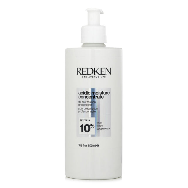 Redken Acidic Moisture Concentrate 500ml: a powerful treatment for damaged hair, rich in glycerin for hydration and frizz control.