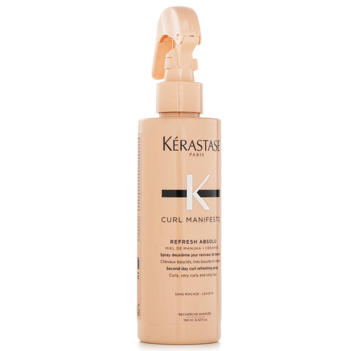 Lightweight curl refreshing spray with Manuka Honey, enhances bounce and shine for defined, hydrated curls between washes.