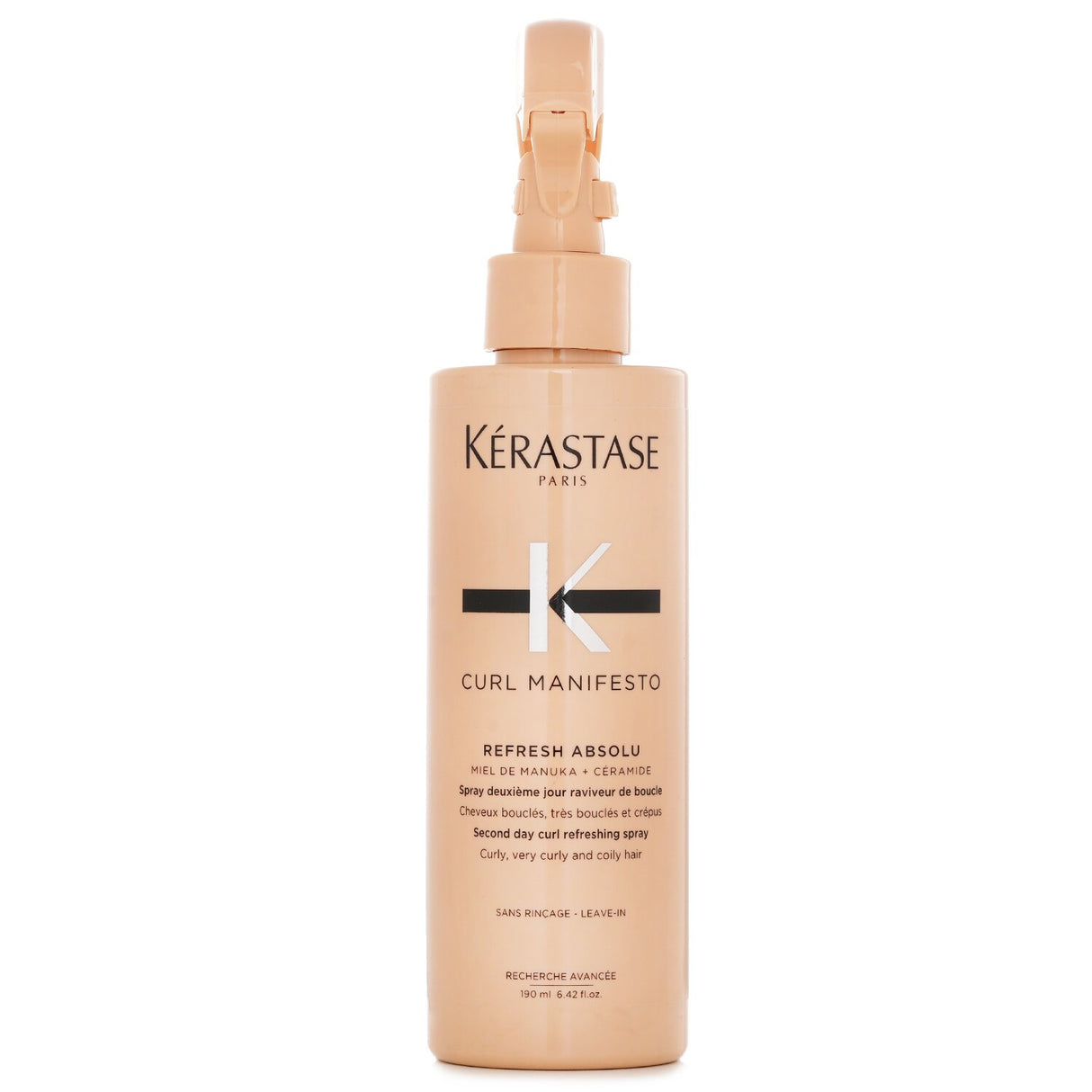 Lightweight curl refreshing spray with Manuka Honey for rehydrating and defining curly, coily hair while preventing frizz.