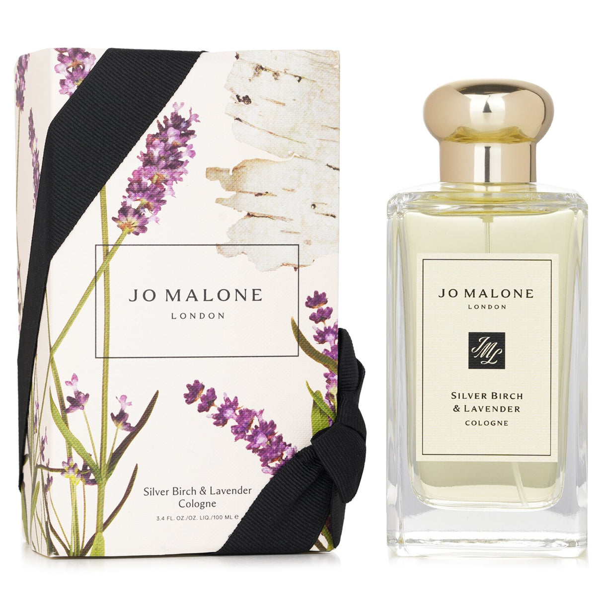 Jo Malone Silver Birch & Lavender Cologne in a luxury gift box, featuring invigorating grapefruit, soothing lavender, and warm birch notes.