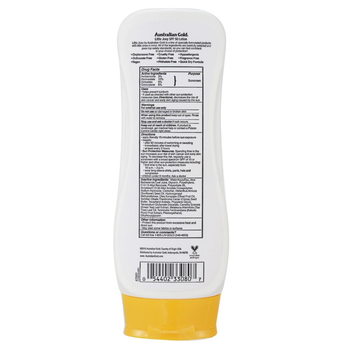 Australian Gold Little Joey Lotion SPF 50 sunscreen for sensitive skin, enriched with Kakadu Plum, Aloe Vera, and Tea Tree Oil.