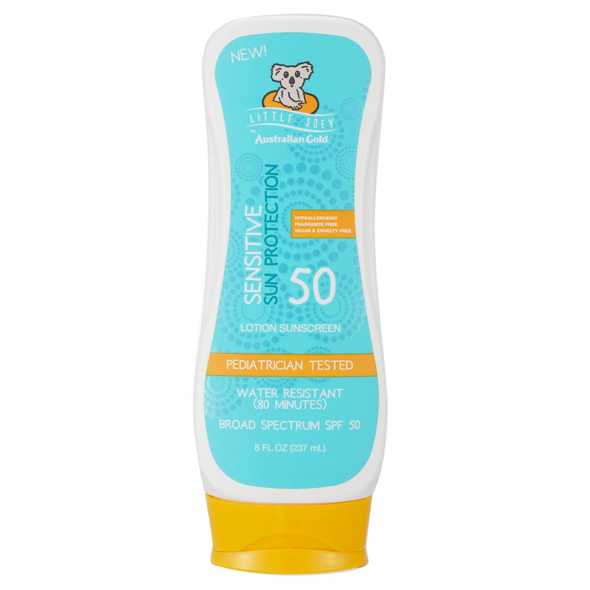 Australian Gold Little Joey Lotion SPF 50 sunscreen for sensitive skin, enriched with Kakadu Plum and Aloe Vera, water-resistant formula.