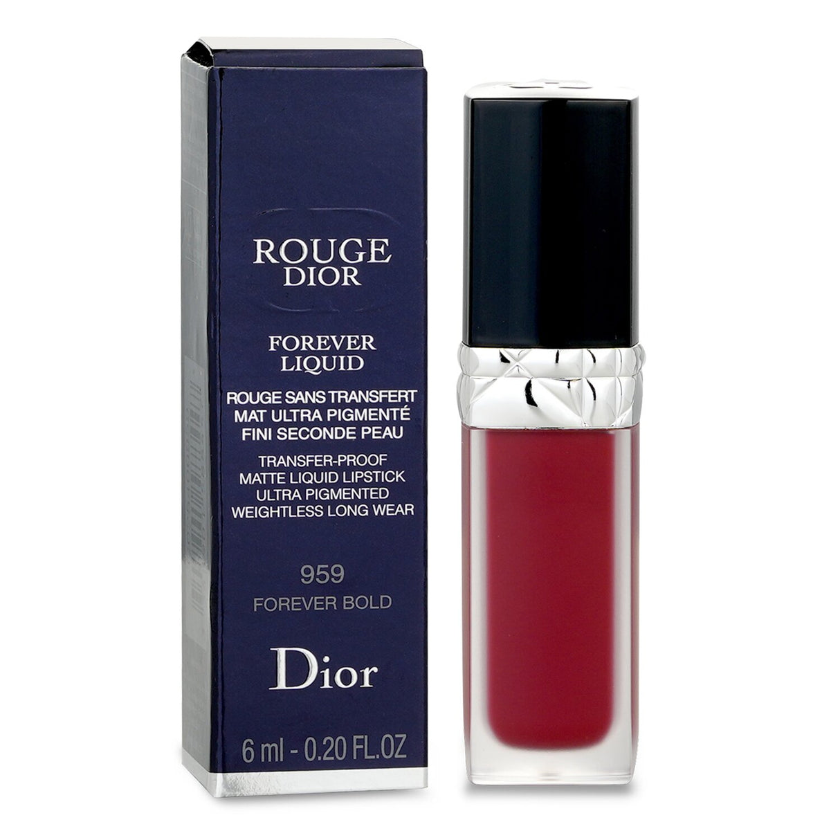 Christian Dior Rouge Dior Forever Matte Liquid Lipstick in #959 Forever Bold, features vibrant ultra-matte color with a weightless feel.