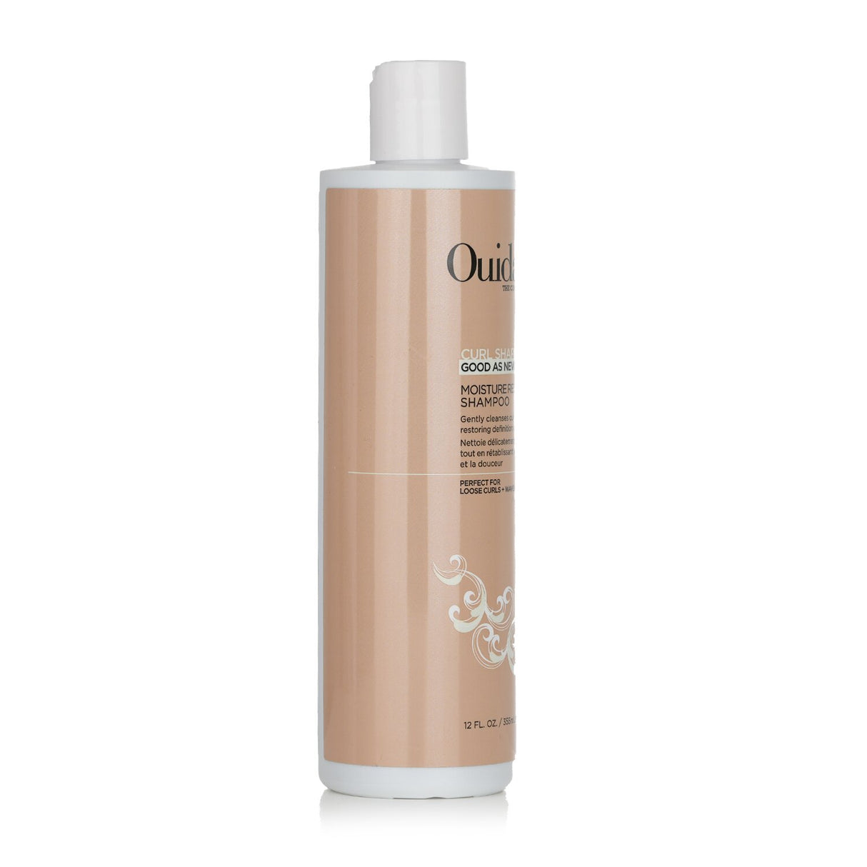 Ouidad Curl Shaper shampoo in 355ml bottle, a moisture-restoring formula for cleansing and hydrating loose curls.