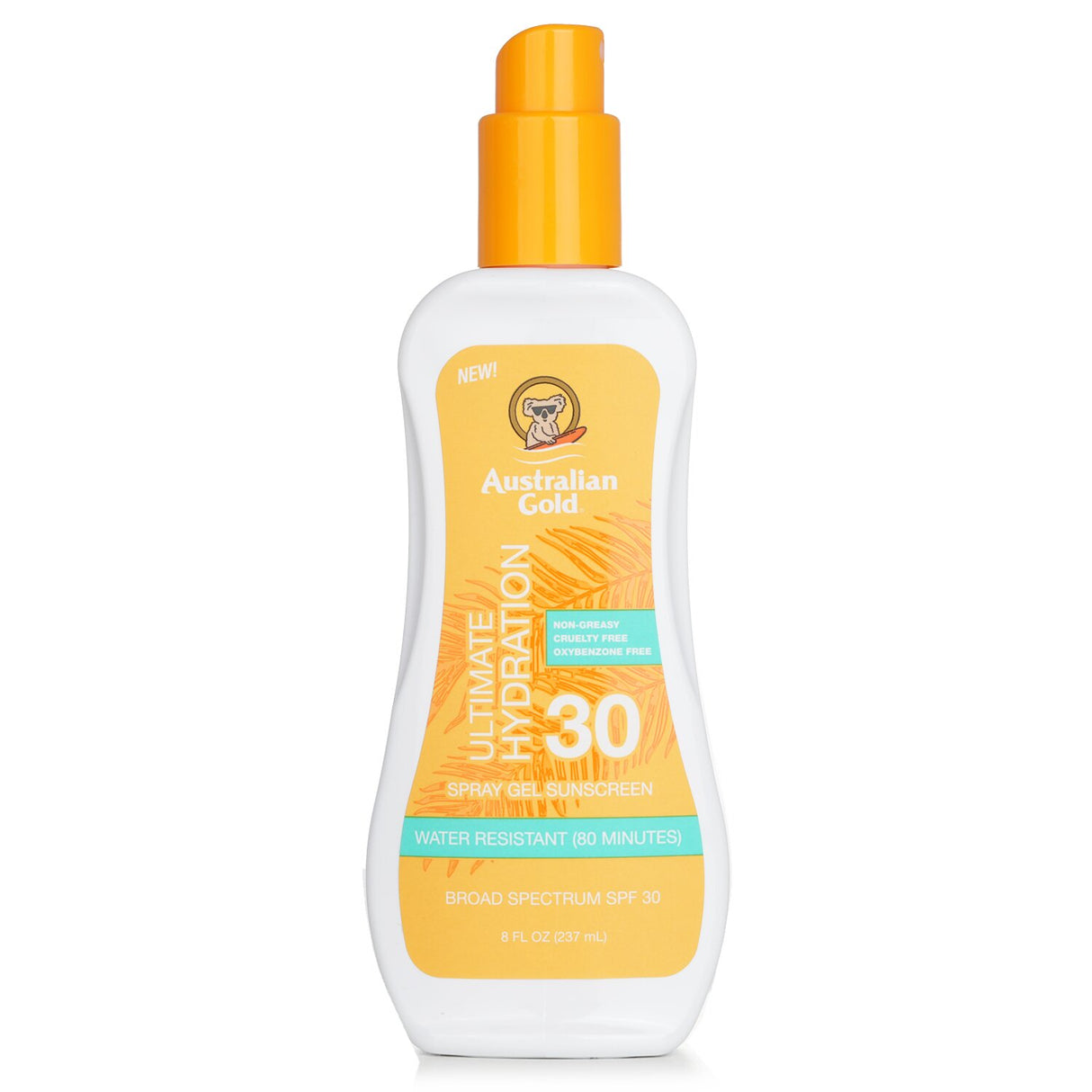 Australian Gold Spray Gel Sunscreen SPF 30 in an 8oz bottle, offering hydration, UVA/UVB protection, and a fresh fragrance.