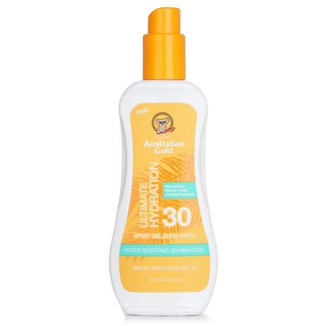 Australian Gold Spray Gel Sunscreen SPF 30 in an 8oz bottle, offering hydration, UVA/UVB protection, and a fresh fragrance.