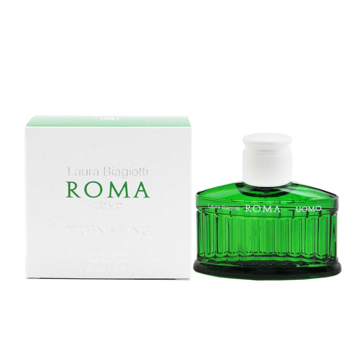 Laura Biagiotti Roma Uomo Green Swing 40ml, a woody green fragrance for men with uplifting notes of quince and bergamot.