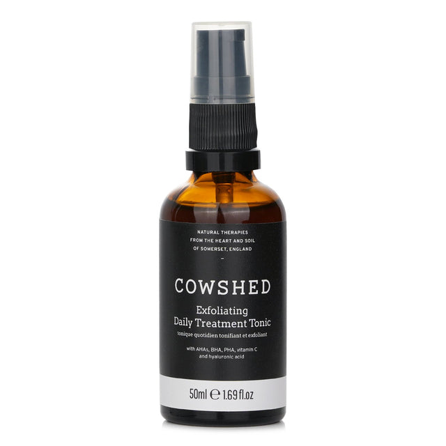 Cowshed Exfoliating Daily Treatment Tonic, a 50ml lotion that brightens and renews skin with natural ingredients and exfoliating acids.