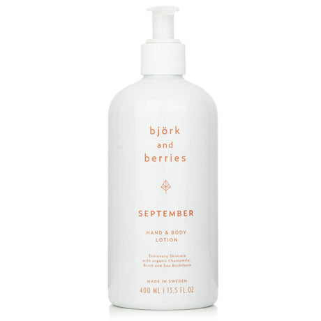 Luxurious Bjork & Berries September Hand & Body Lotion in a 400ml bottle, enriched with natural ingredients for soft, nourished skin.