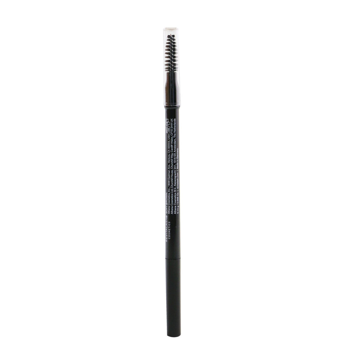 Soft Brown brow pencil with fine-tip for natural hair-like strokes; water-resistant, hypoallergenic, and vegan formula.