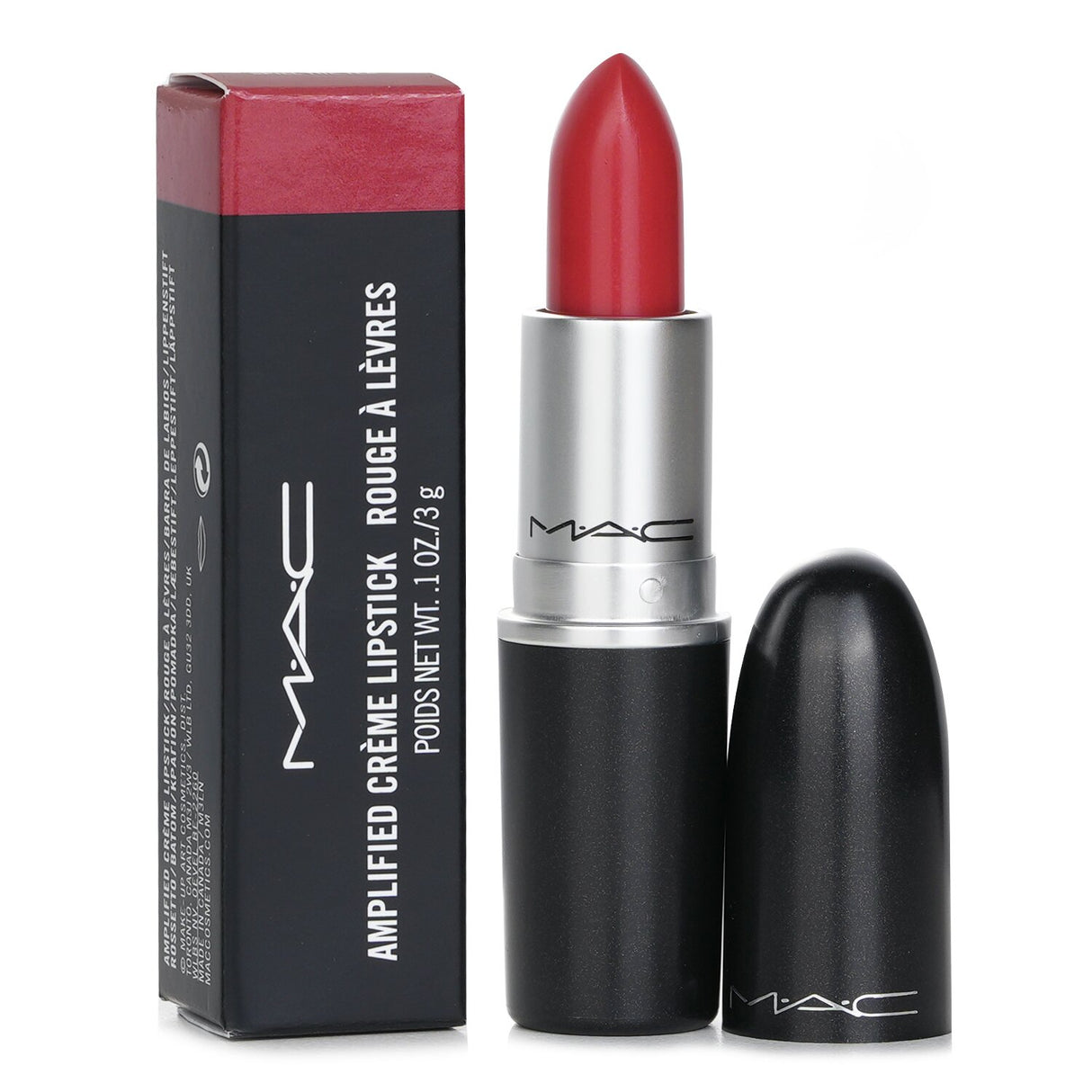 MAC Amplified Creme Lipstick in Spill The Tea, featuring bold color, smooth texture, and a delightful vanilla aroma.