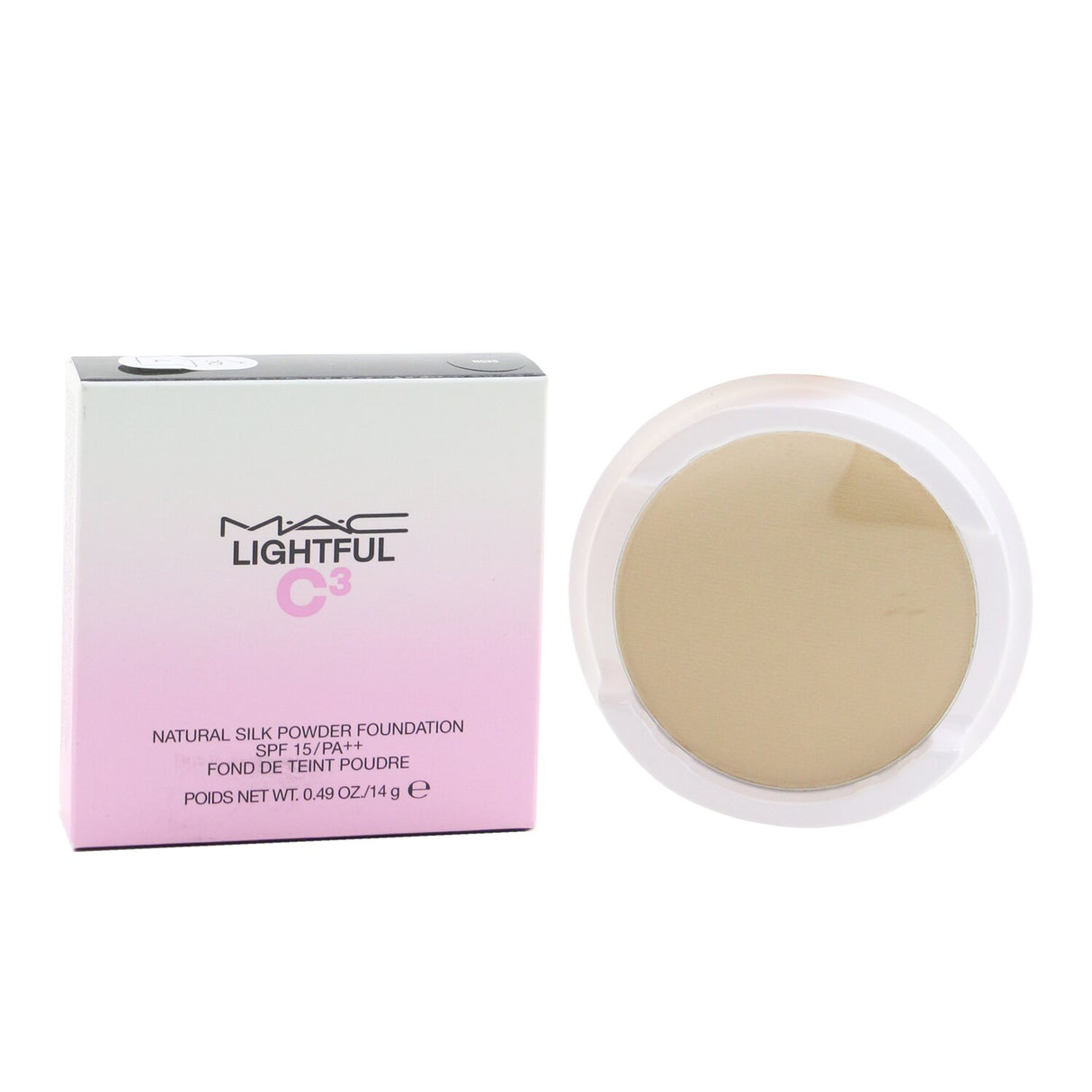 MAC Lightful C� Natural Silk Powder Foundation SPF 15 Refill in NC25, offering a flawless finish with a rosy glow and UV protection.