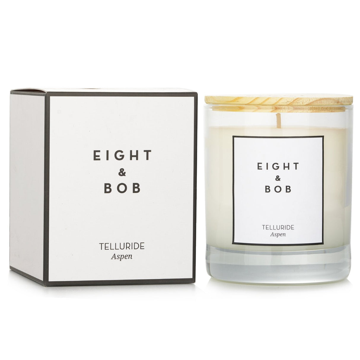 Luxurious Eight & Bob Telluride candle in chic packaging, infused with a calming scent and made from eco-friendly vegetable wax.