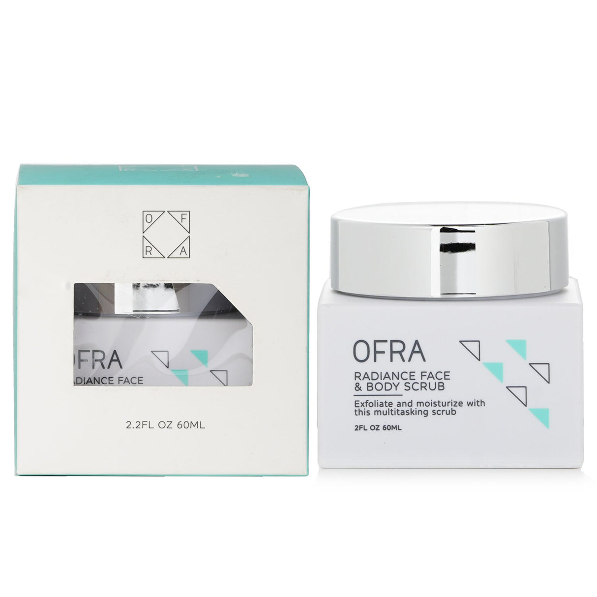 OFRA Radiance Face & Body Scrub in a 60ml tube, a vegan, multi-tasking exfoliator for smooth, radiant skin.