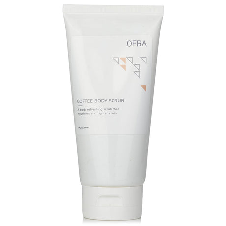 OFRA Cosmetics Coffee Body Scrub with caffeine, jojoba, and almond oils for smoother, firmer skin in a 180ml jar.