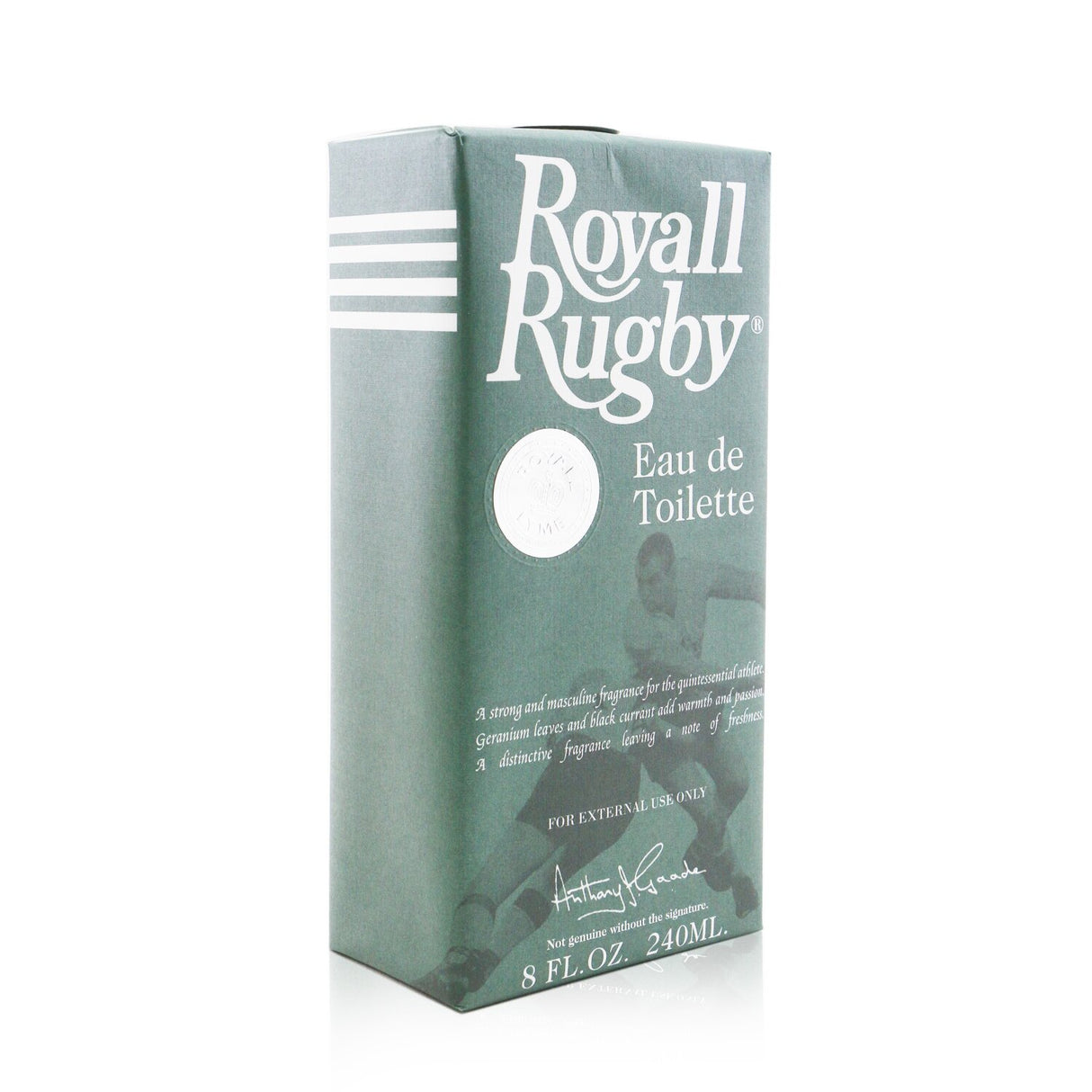 A 240ml bottle of Royall Rugby Eau De Toilette Splash featuring a green woody fragrance for men with notes of geranium, blackcurrant, and patchouli.