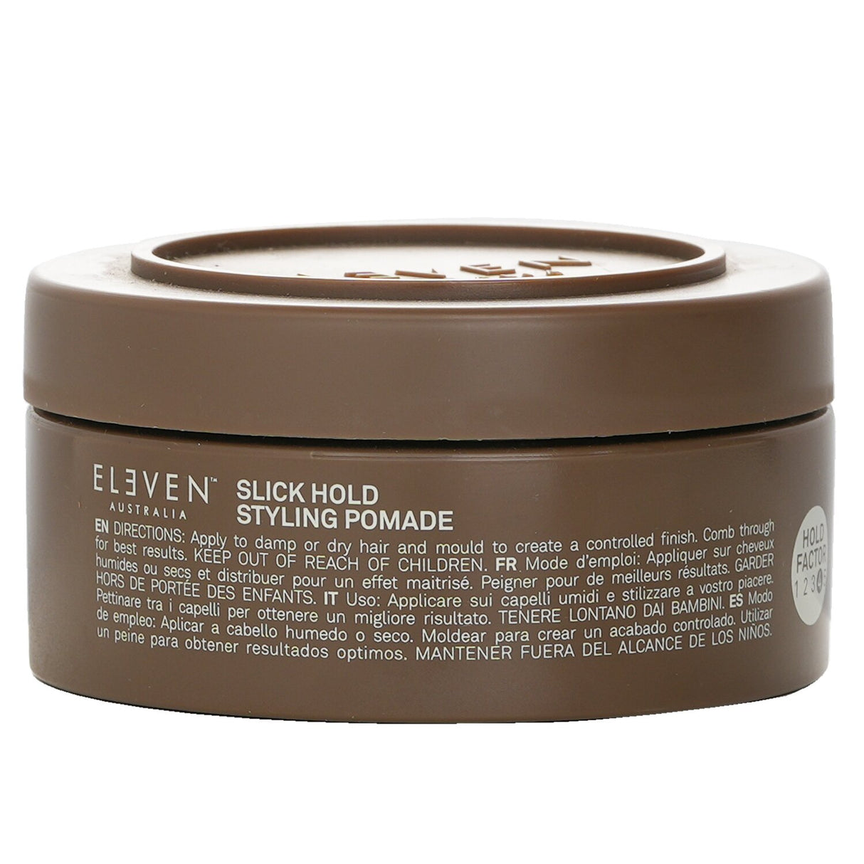 Slick Hold Styling Pomade by Eleven Australia, 85g, vegan, strong hold for wet or sleek styles, enhances moisture for all hair types.