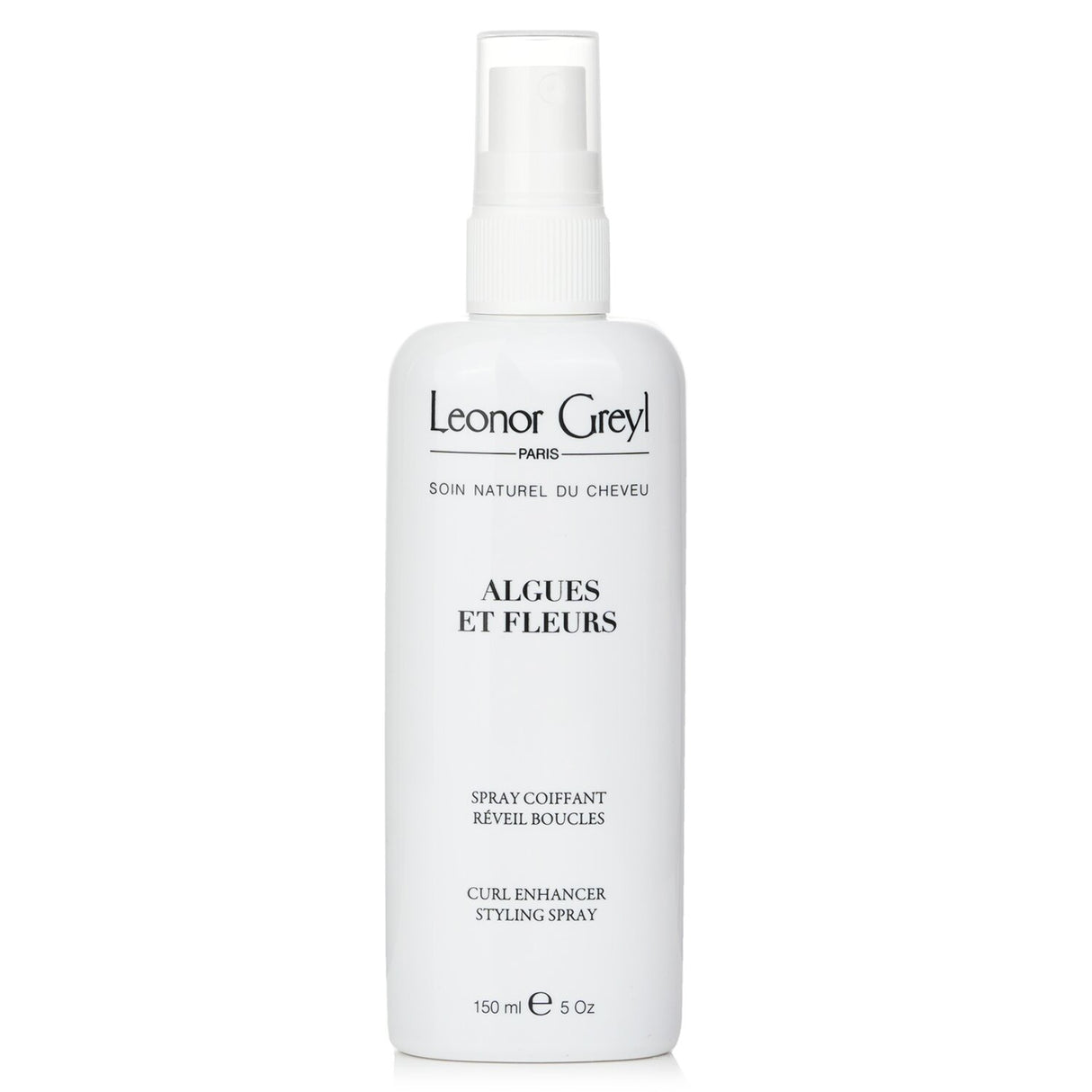 Leave-in styling spray for curly hair, infused with seaweed and flower extracts for hydration and bounce.