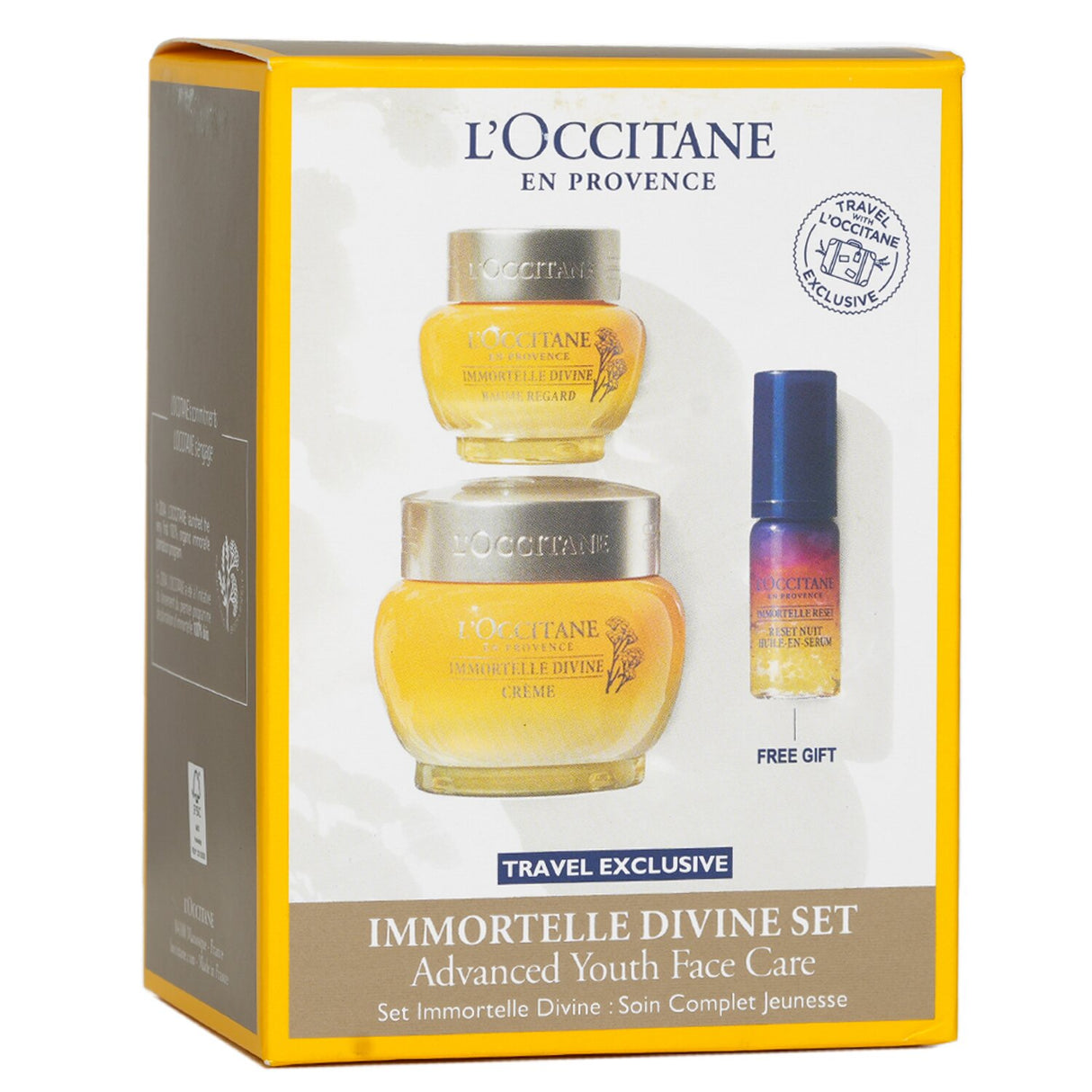 L'Occitane Immortelle Divine Set with cream, eye balm, and serum for rejuvenating and illuminating aging skin.