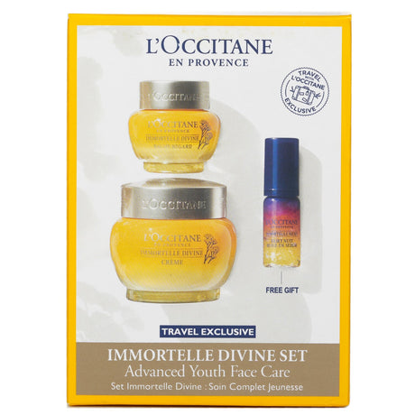 L'Occitane Immortelle Divine Set: rejuvenating cream, eye balm, and overnight serum for youthful, radiant skin.