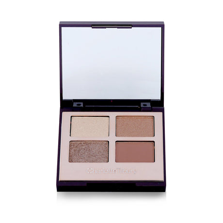 Rose-gold eyeshadow quad with four shades to enhance and brighten eyes for any occasion, free from harmful ingredients.