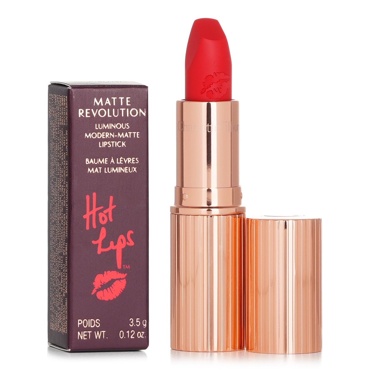 Charlotte Tilbury Hot Lips Lipstick #Tell Laura, 3.5g, features a vegan formula, precise square tip, and luminous buildable color.