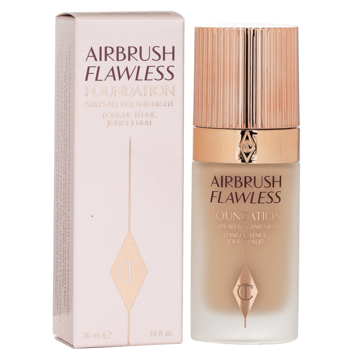 Airbrush Flawless Foundation #5 Cool in a 30ml bottle offers full coverage, hydration, and a matte finish for cooler skin tones.